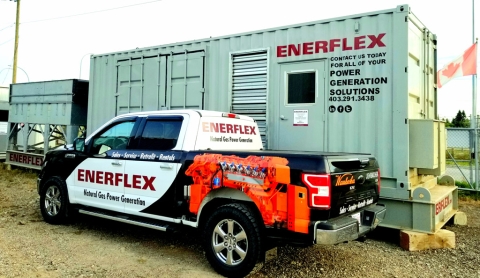 Enerflex truck and container for natural gas power generation solutions, showcasing company logo and contact details.