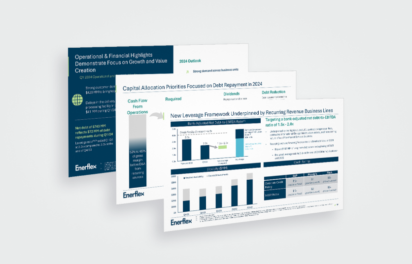 Three digital Enerflex reports showing financial highlights and other revenue-oriented information